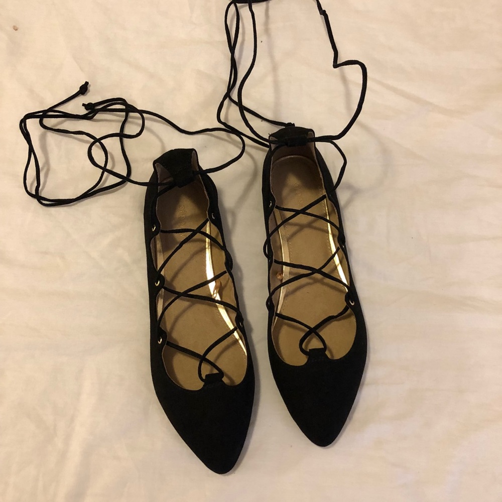 Adorable { never worn } black lace up flats